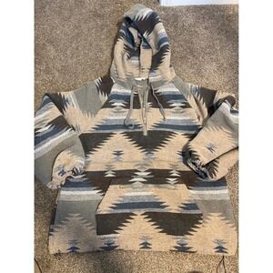 MAINS TRIP Aztec Print Half Zip Hoodie Hooded Sweatshirt Tan Blue Gray Size L